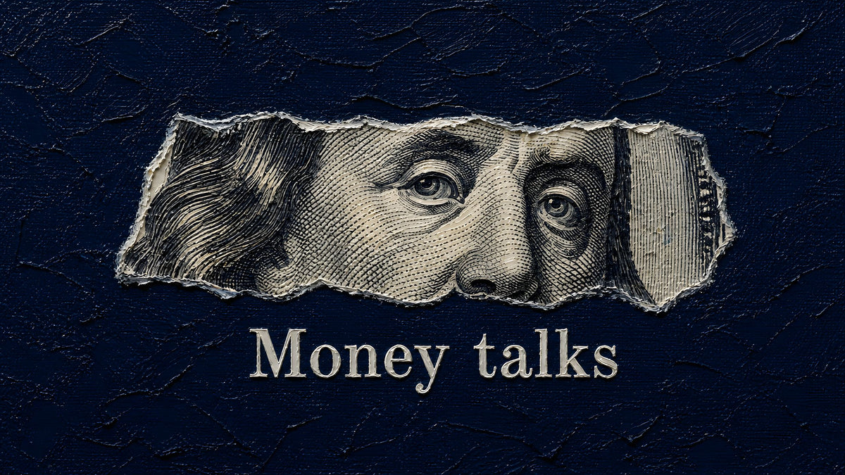 Impasto oil painting wallpaper — torn dollar bill money talks